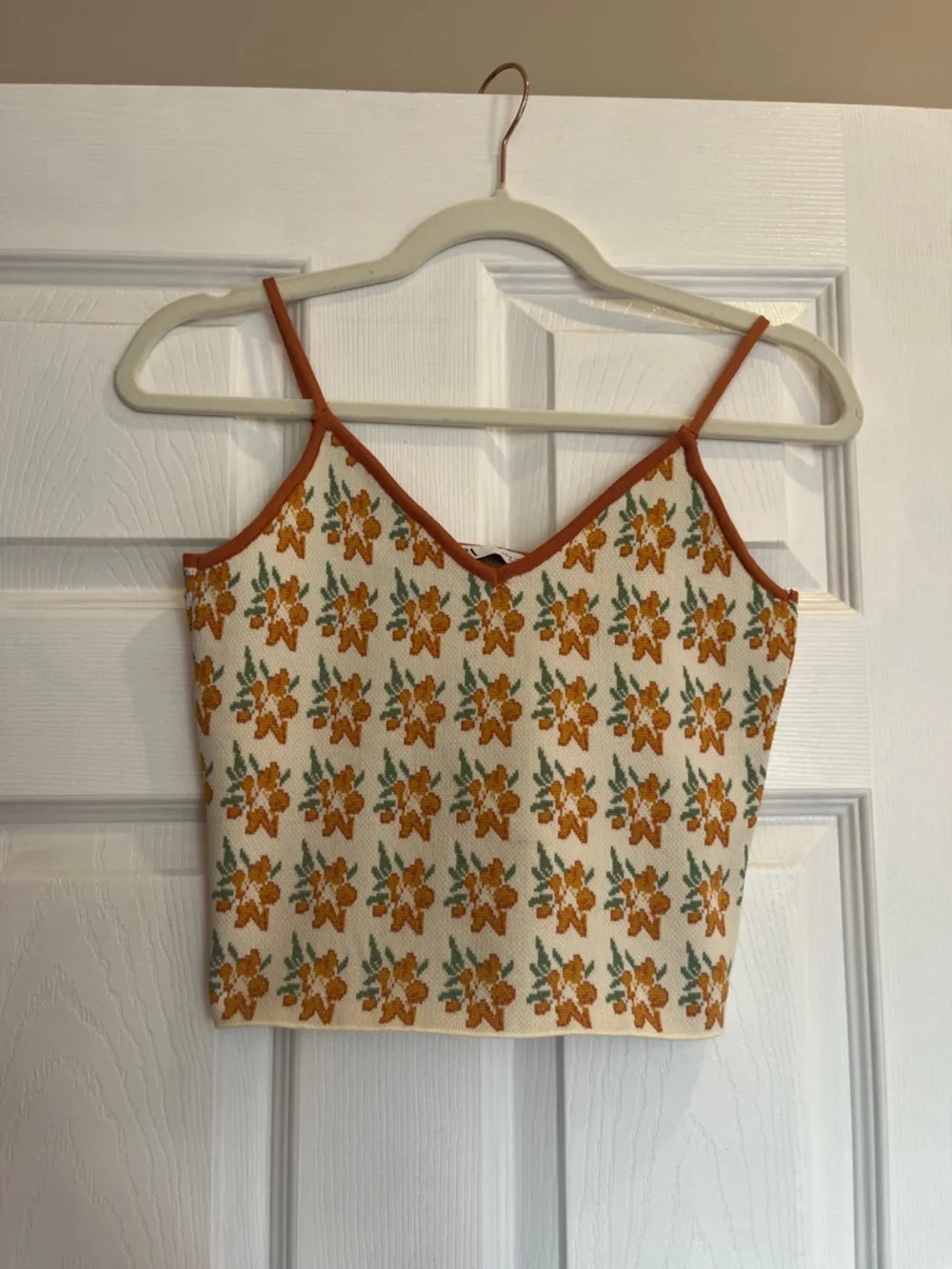 Zara Cream Cardigan with Orange Floral Collar with cropped knit tank to match - Picture 4 of 6